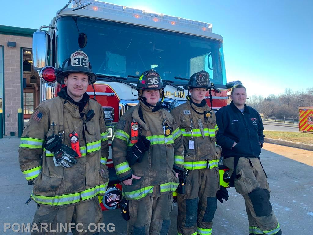 Left to right: Rescueman Officer Joey Tuel, Backup Nate Homsey, Nozzleman Joshua May, Rescue Driver Jacob Labonte