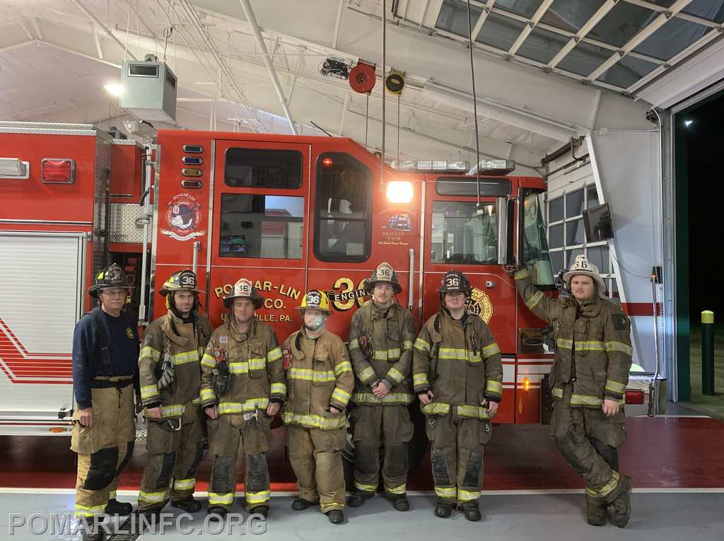 From Left to Right: Driver Jeff Groves, Nozzleman Chris Dorgan, Engine Officer Ivan Dowling, Exterior Firefighter Adam Holmes, Rescueman Joey Tuel, Backup Nate Homsey, and Lieutenant Jacob Labonte.